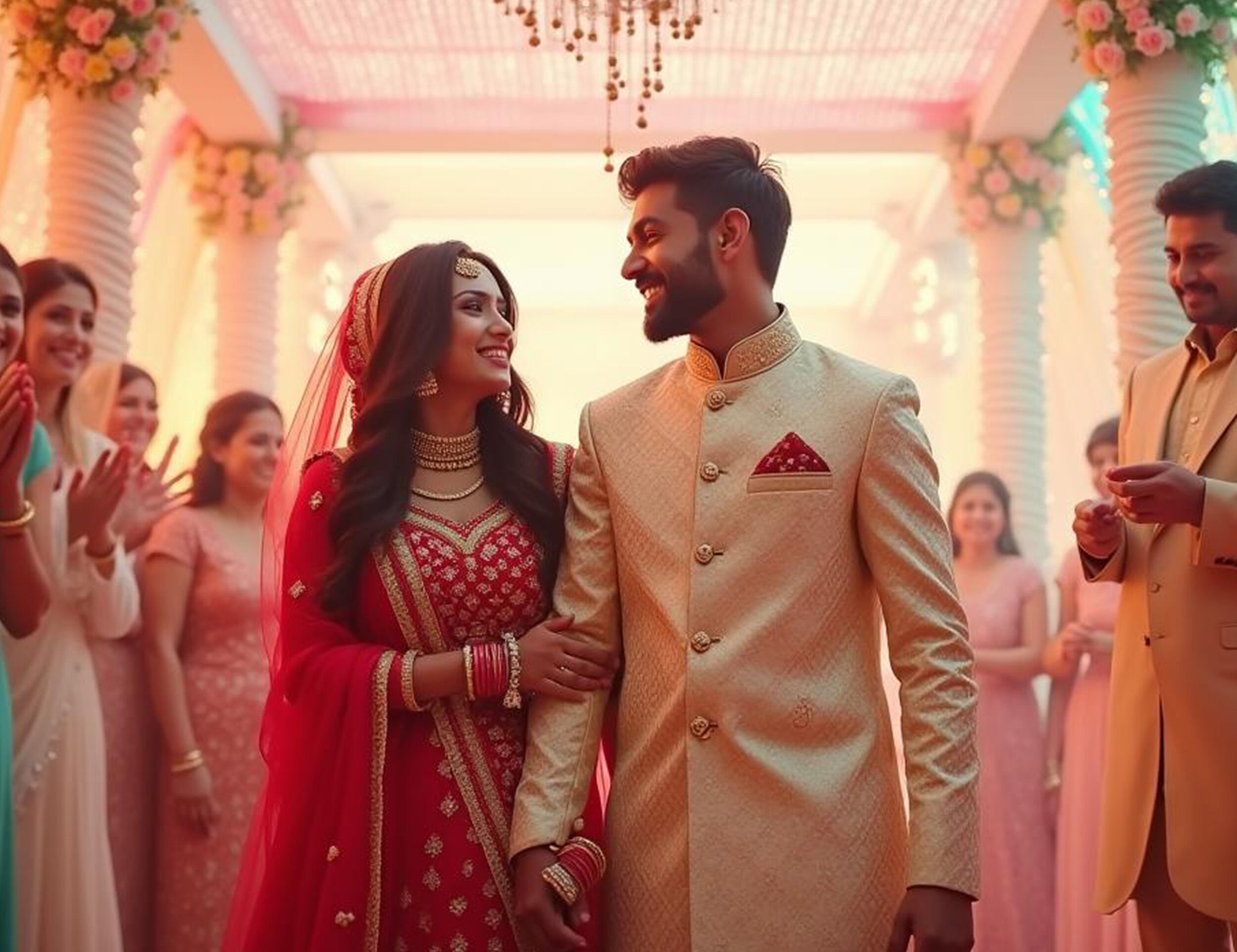 Indian bride and groom in traditional wedding attire walking hand-in-hand, surrounded by smiling guests at a festive wedding celebration